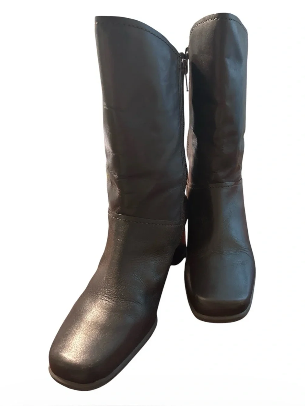 VTG  Brown Leather Boots Y2K Square Toe Mid Calf Chunky Heel Comfort Booties 7